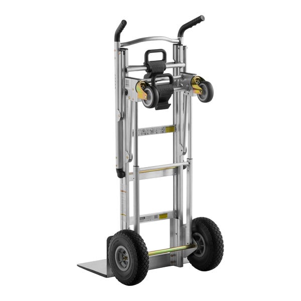 A heavy-duty aluminum hand truck and cart with flat free wheels and a 1,000 lb. capacity.
