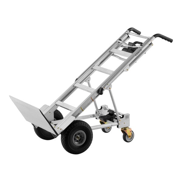 A multi-position aluminum hand truck and cart with heavy-duty flat free wheels.