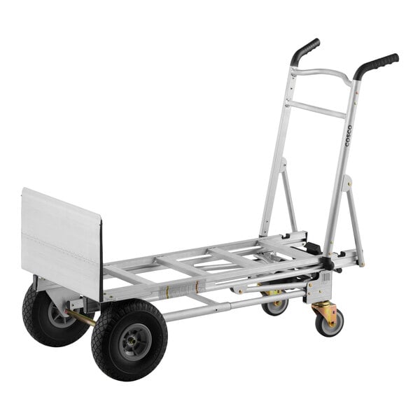 A heavy-duty aluminum hand truck and cart with flat free wheels and a foldable design.