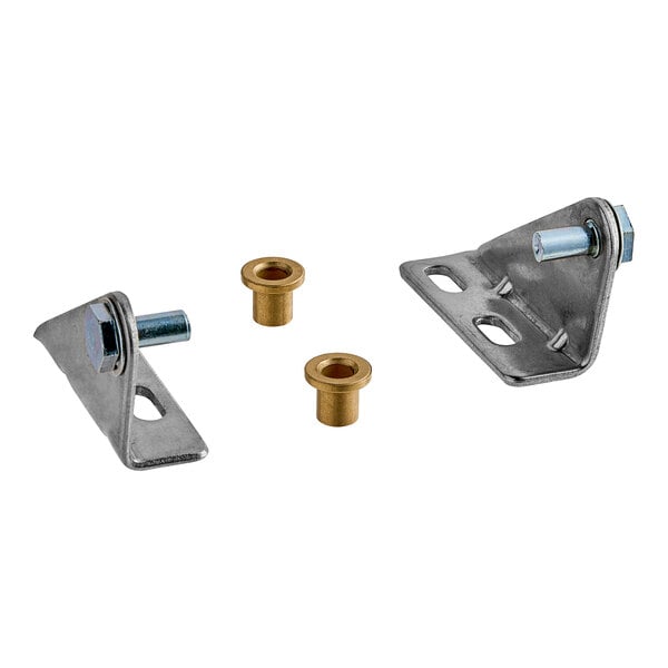 A metal hinge set with nuts and bolts.