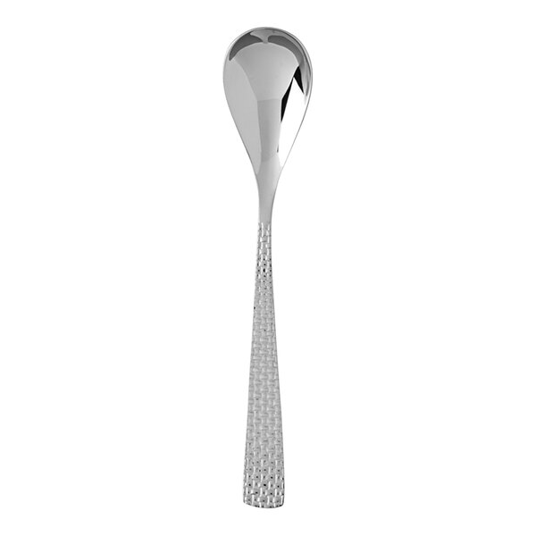 A Fortessa stainless steel oval bowl soup/dessert spoon with a long stem.