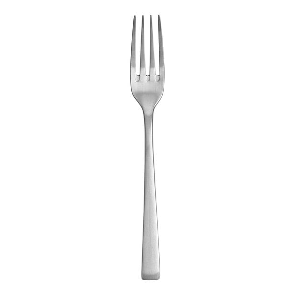 A close-up of a Fortessa Spada stainless steel salad/dessert fork with a silver handle.