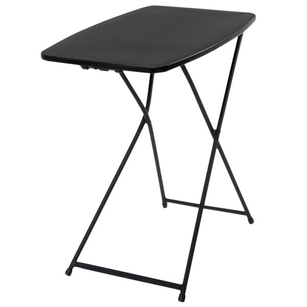 A black rectangular Bridgeport Essentials folding table with adjustable legs.