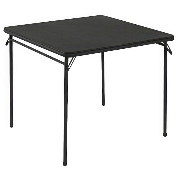A Bridgeport Essentials black square folding table with metal legs.