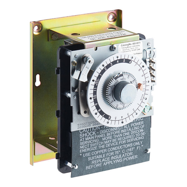 A Continental Refrigerator defrost timer in a metal box with a clock dial and a switch.