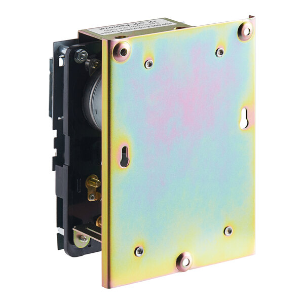 A Continental Refrigerator defrost timer in a metal box with a blue and yellow cover.