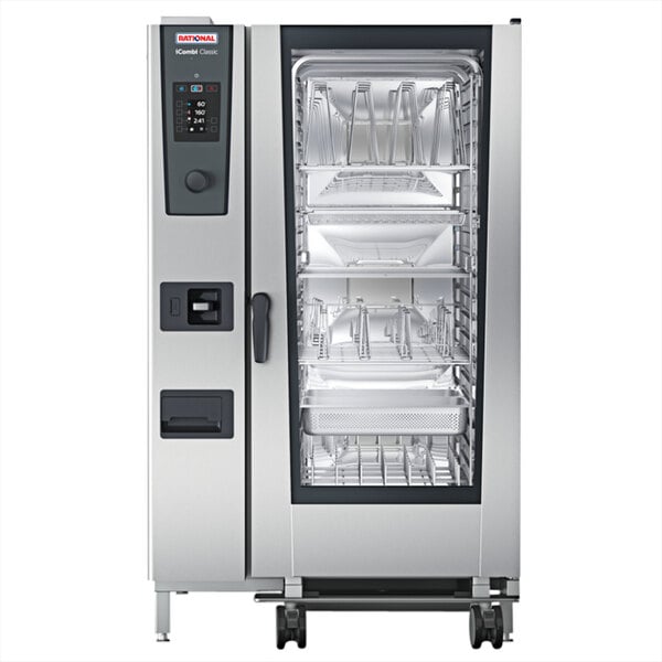 A large silver Rational iCombi Classic electric combi oven with shelves and a stainless steel door.