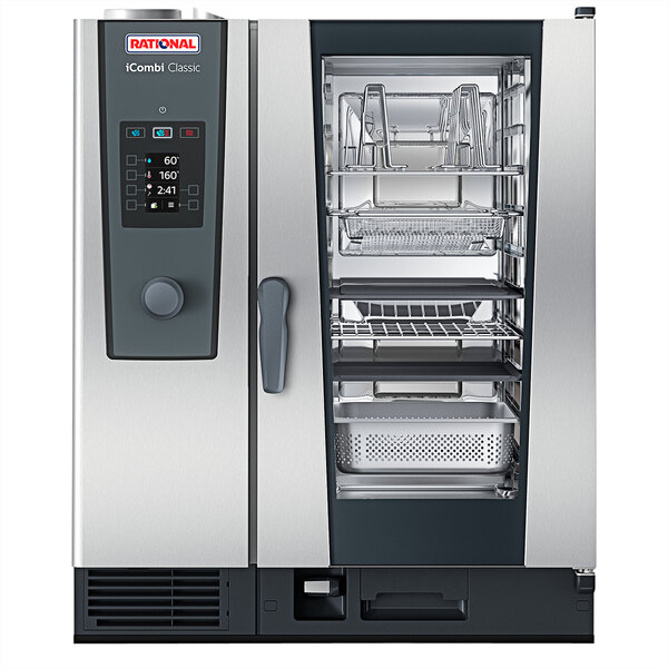 A large silver and black Rational iCombi Classic combi oven with double doors.