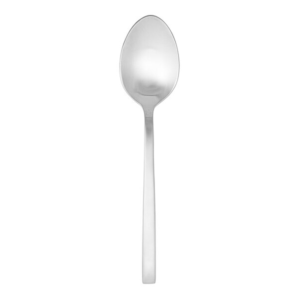 A silver spoon on a white background.