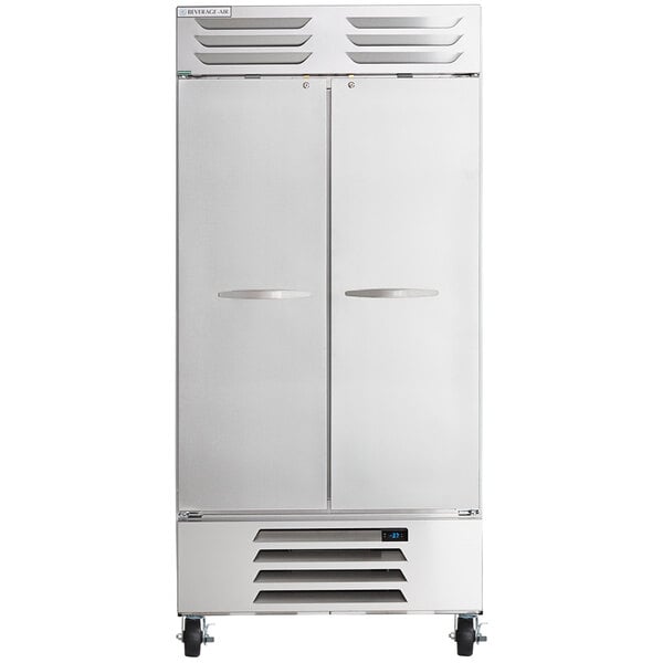 A stainless steel Beverage-Air reach-in freezer with two solid doors.