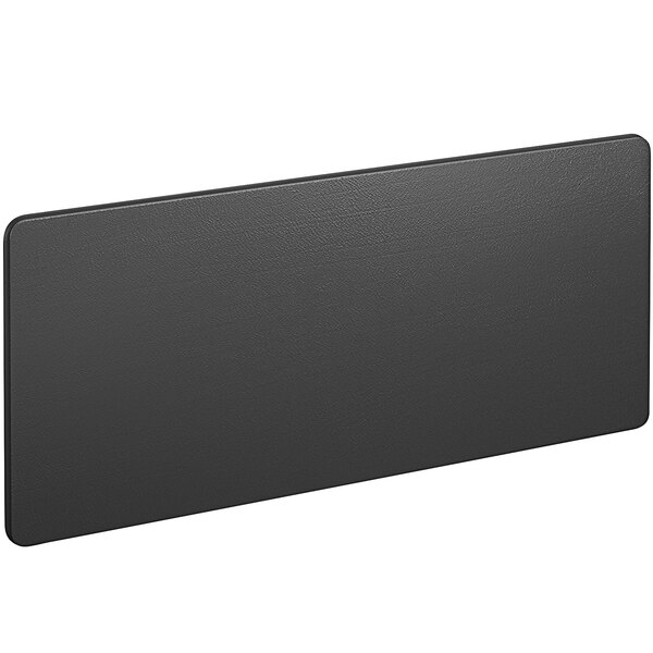 A black rectangular Bridgeport Essentials folding table with a white vinyl top.