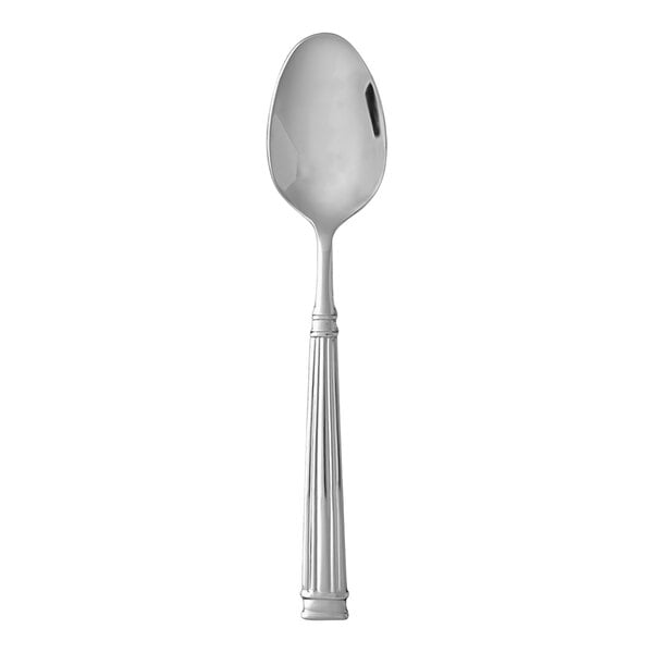 A close-up of a Fortessa Doria stainless steel teaspoon with a handle.