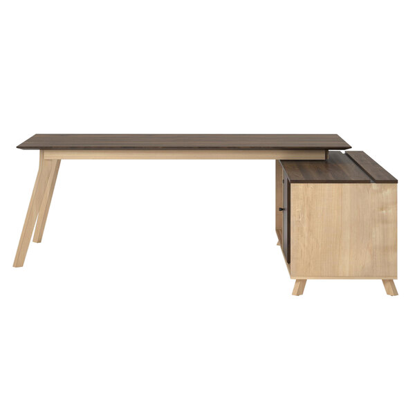 A Bridgeport walnut L-shaped desk with a wooden base and drawer.
