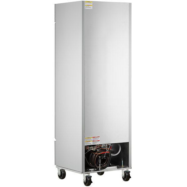 A large rectangular stainless steel Beverage-Air reach-in refrigerator with wheels.
