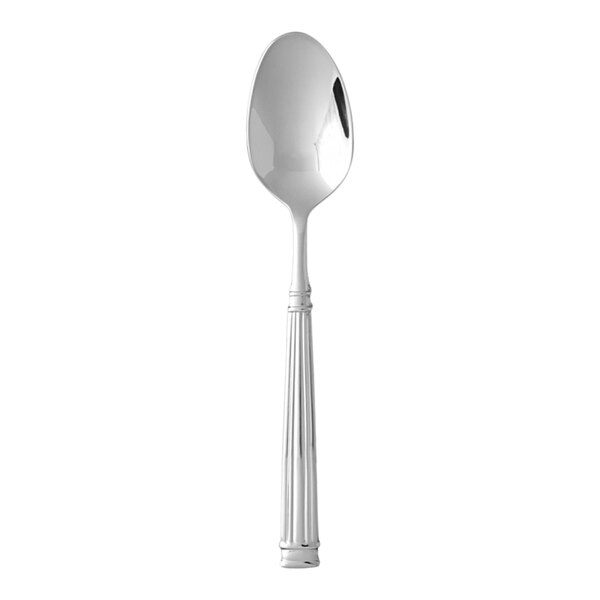 A Fortessa stainless steel oval bowl soup/dessert spoon with a long handle.