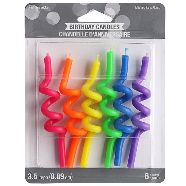 A pack of six Creative Converting curly assorted neon colored birthday candles.