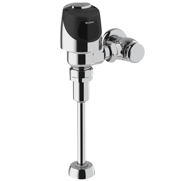 A chrome Sloan urinal flushometer with a black top spud.