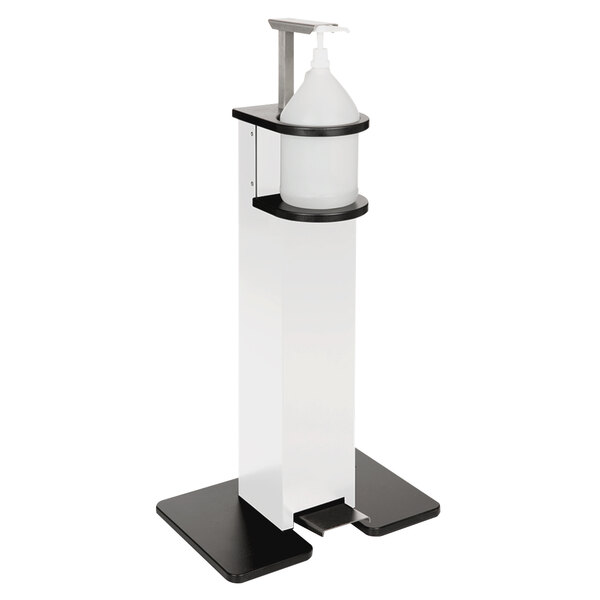 A white freestanding hand sanitizing station with a white bottle on top and a black ring around it.