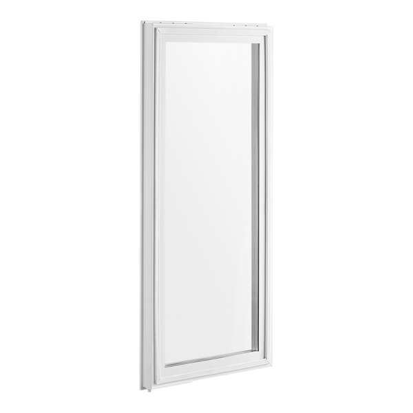 A white rectangular door with a clear glass panel and a simple frame, shown at an angle.