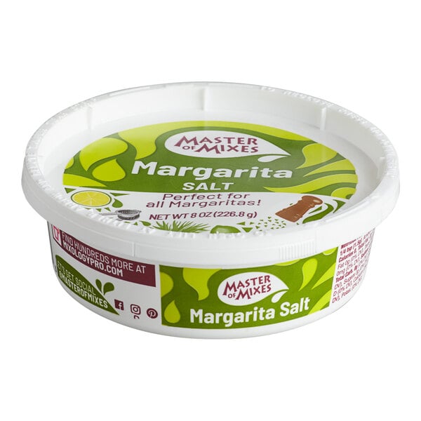 A round plastic container labeled 'Master of Mixes Margarita Salt' with a green and white design.