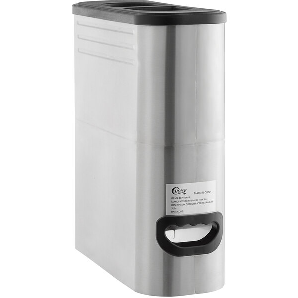 A silver and black Choice 4 gallon iced tea dispenser.
