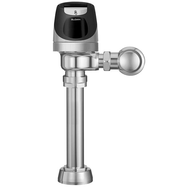 A close-up of a Sloan chrome toilet flushometer.