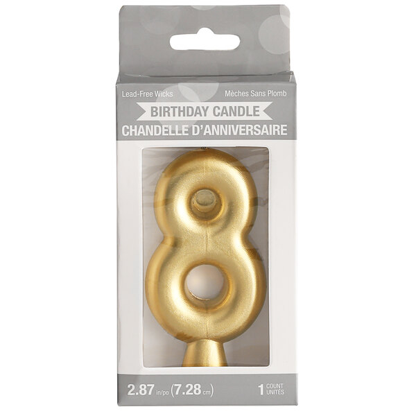 A package of gold "8" candles with a gold number eight candle inside.