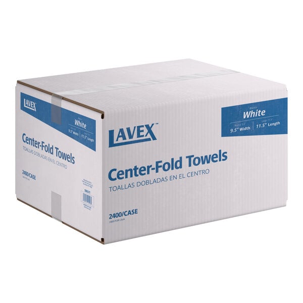 A large box of Lavex white center-fold towels containing 2,400 towels per case.