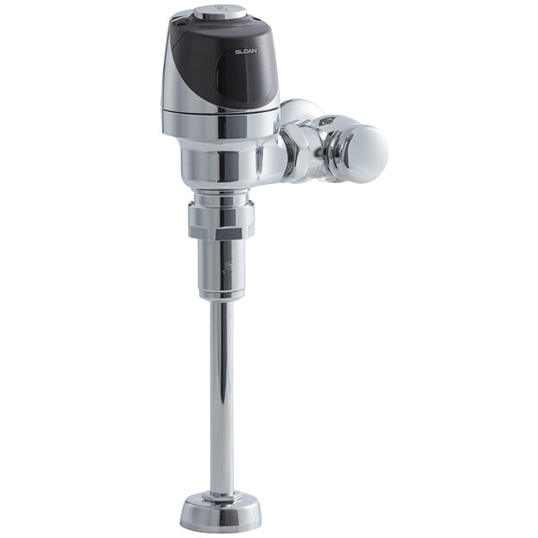 A close-up of a Sloan polished chrome urinal sensor flushometer.