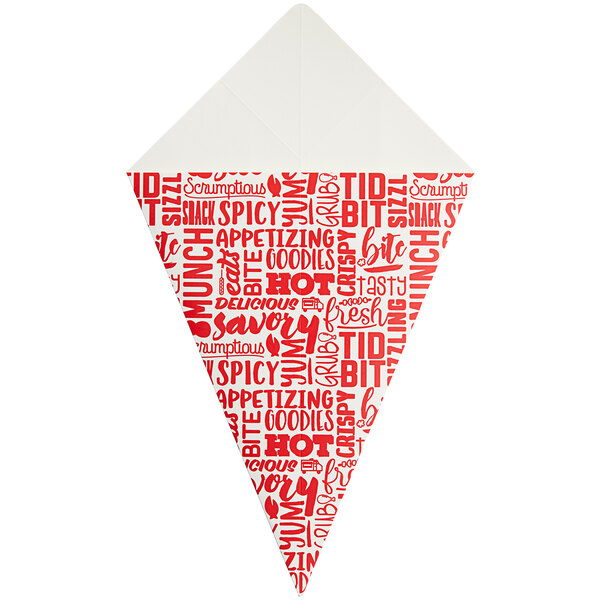 A white paper cone with red text that reads "Savory Fries"