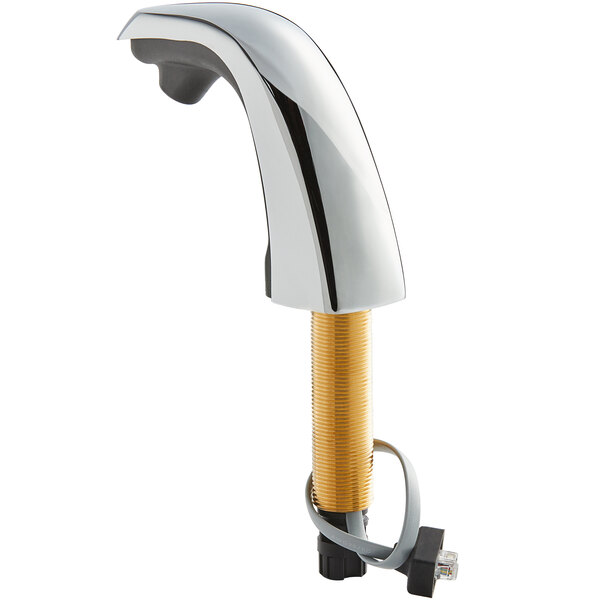 A silver and black Sloan sensor soap dispenser with a spout.