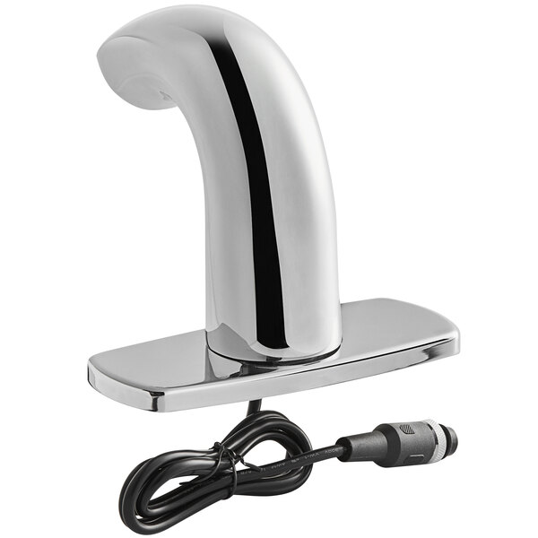 A silver Sloan deck mounted sensor faucet with a cord on a counter.