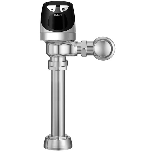 A chrome Sloan dual flush toilet flushometer with a silver pipe.