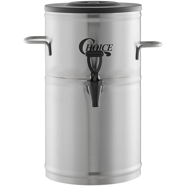 A silver round 2 gallon iced tea dispenser with a black lid.