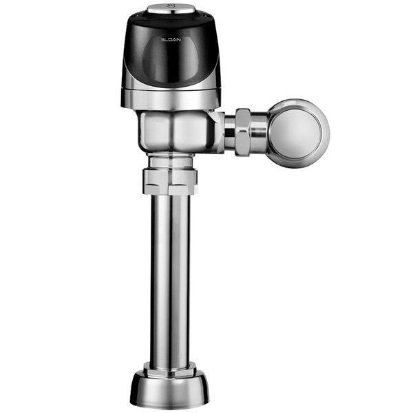 A Sloan chrome water closet flushometer with a black and metal valve.