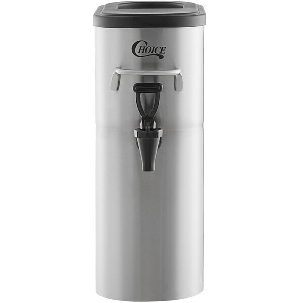 A stainless steel and black Choice 2 Gallon Slim Iced Tea Dispenser.