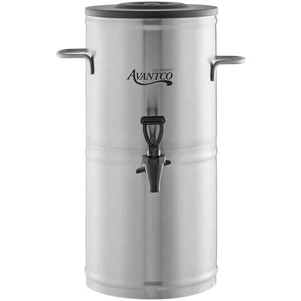 An Avantco stainless steel iced tea dispenser with a black lid and handle.