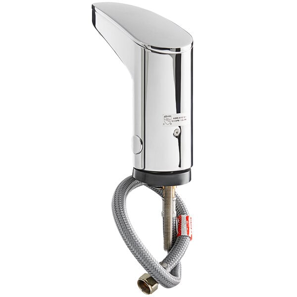 A silver Sloan Optima deck mounted sensor faucet with a hose.