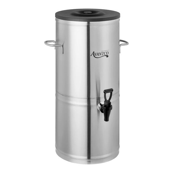 A stainless steel 5-gallon round iced tea dispenser with a spigot and side handles.