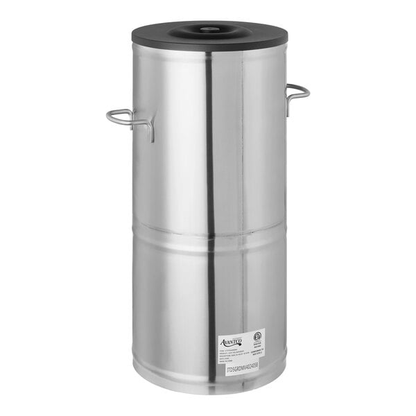 A stainless steel 5-gallon round iced tea dispenser with side handles and a black lid.