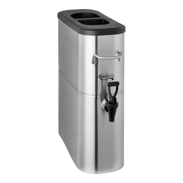 A stainless steel 4-gallon slim iced tea dispenser with a black lid and a stainless steel valve.