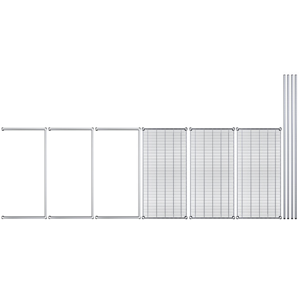 A Regency chrome wire shelving rack with three shelves holding metal panels.