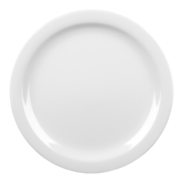 A round, white melamine plate.