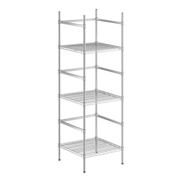 A chrome wire shelving unit with 3 shelves.