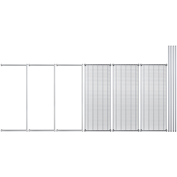 A chrome wire rack with three shelves holding several metal bars and white rectangular objects.