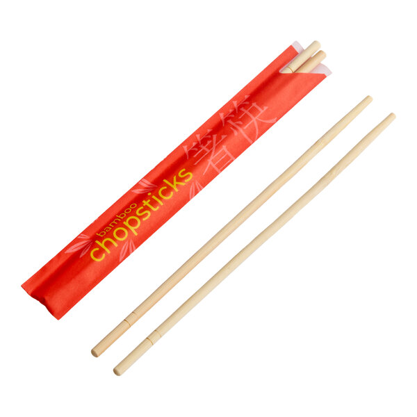 A pair of 9-inch bamboo round chopsticks with a red paper sleeve labeled 'bamboo chopsticks.'
