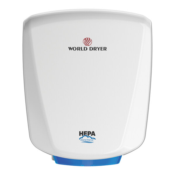 A white World Dryer automatic hand dryer with a logo.
