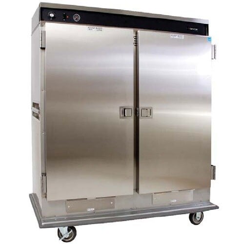 A Cres Cor stainless steel mobile heated banquet cabinet with two doors and wheels.