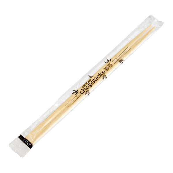 A pair of bamboo chopsticks in a clear plastic wrapper.