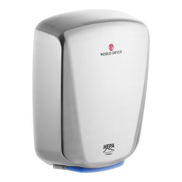A silver stainless steel World Dryer automatic hand dryer.